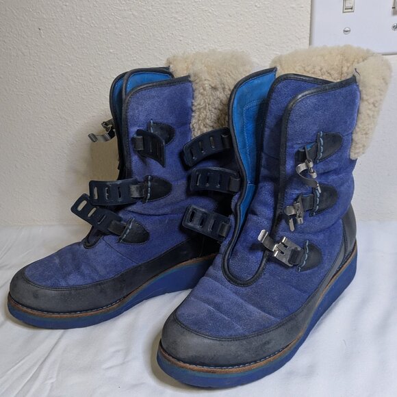 Cole Haan Lania Short Boot Blue Suede With Ski Boot Closures Women's Size 7B - Picture 1 of 9